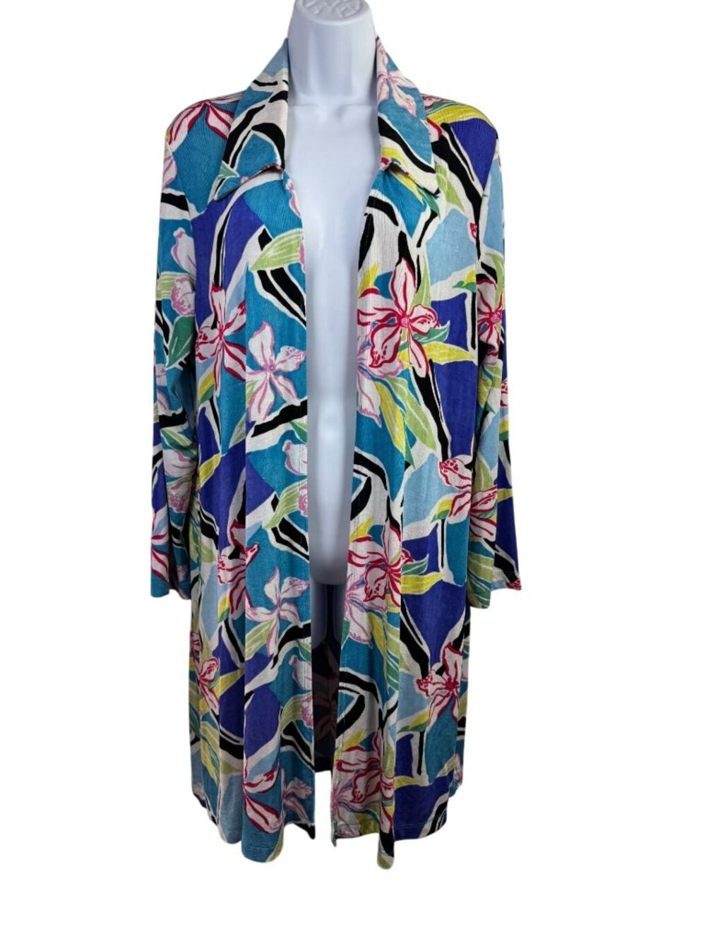 Slinky Brand Floral Stretch Knit Open Front Cardigan size Medium Long Sleeve